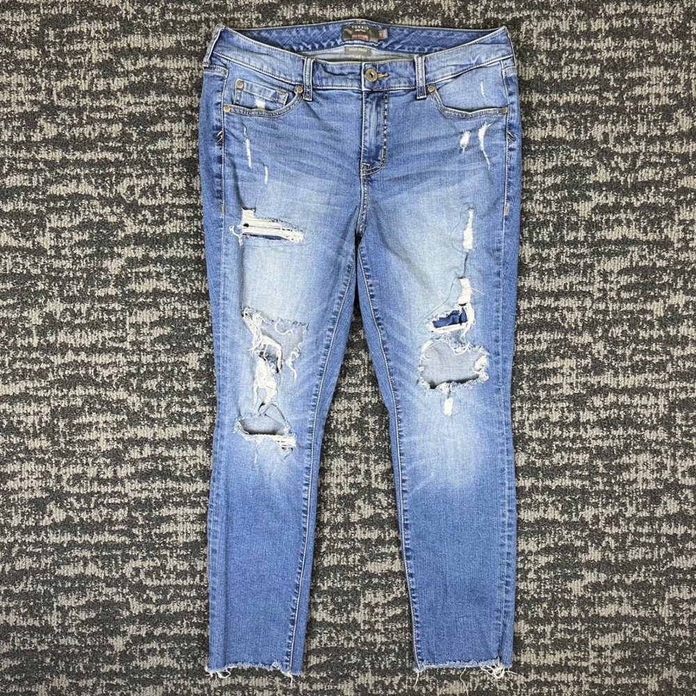 Torrid Crop Boyfriend Jeans Womens 10 Blue Distressed Vintage Stretch Raw Hem